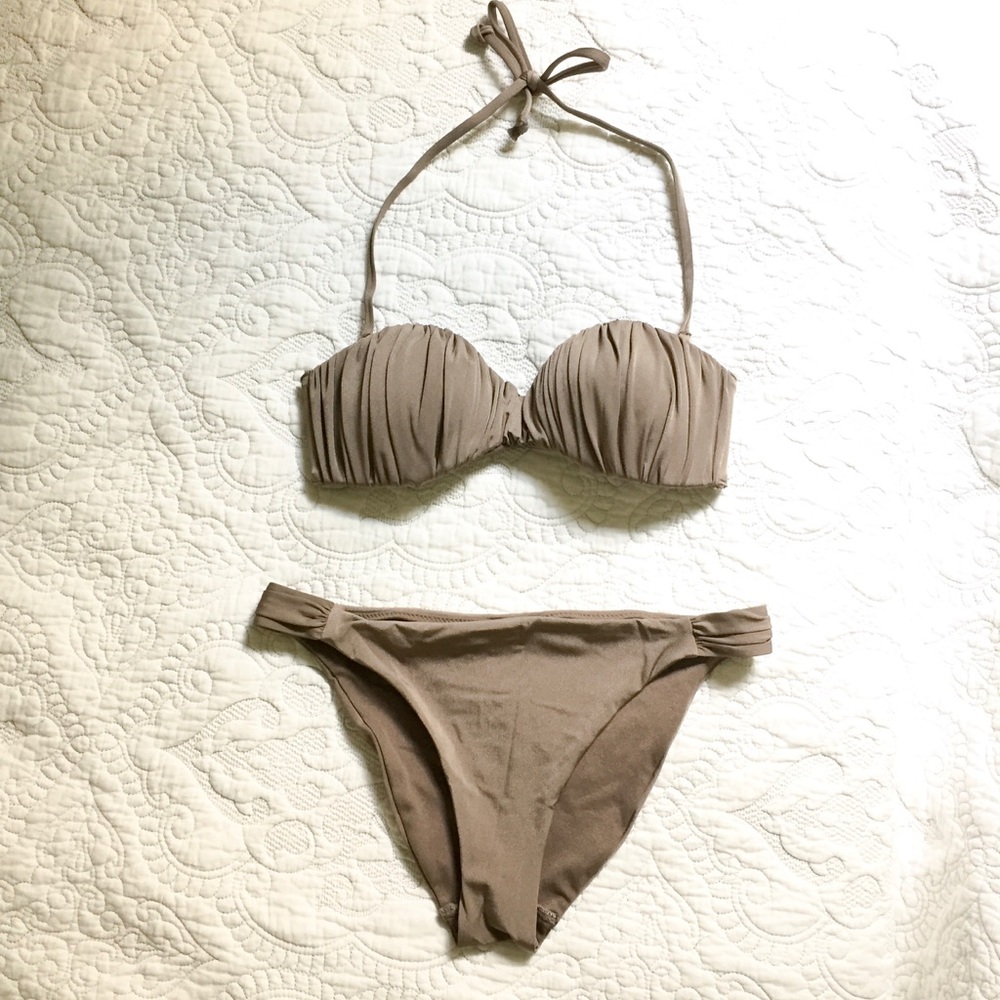 H&M Taupe Ruched Bandeau Bikini Set